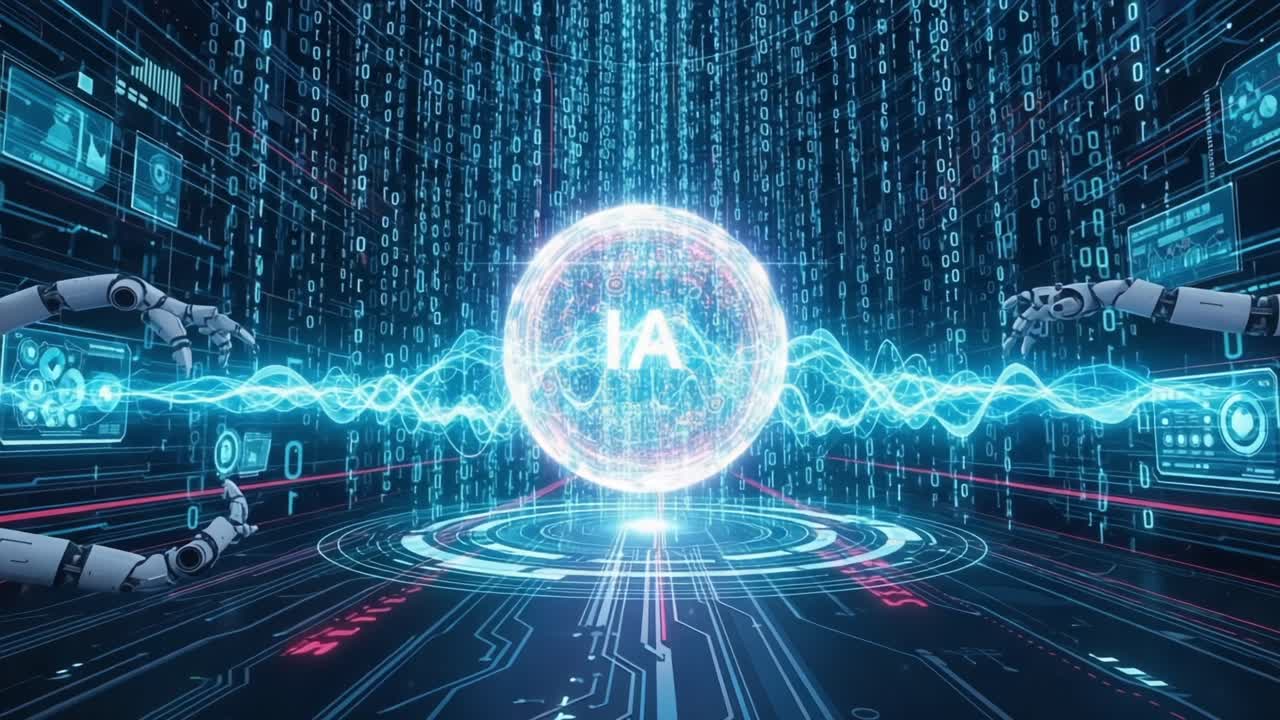 Futuristic Interface Featuring Robotic Arms and Glowing Orb Representing AI Technology in a Digital Environment with Binary Data Streams