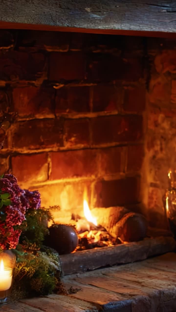 A Cozy Fireplace Setting with Flickering Flames, Soft Candlelight, and Elegant Floral Arrangements Creating an Inviting Atmosphere Perfect for Relaxation and Gathering in Warmth