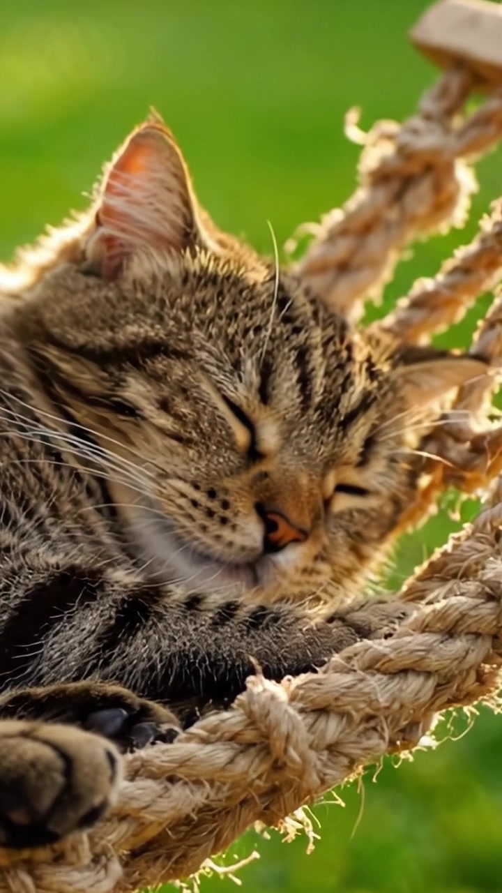 Un gatto sereno che sonnecchia beatamente in una comoda amaca, godendosi il calore della luce solare in una tranquilla giornata all'aperto.