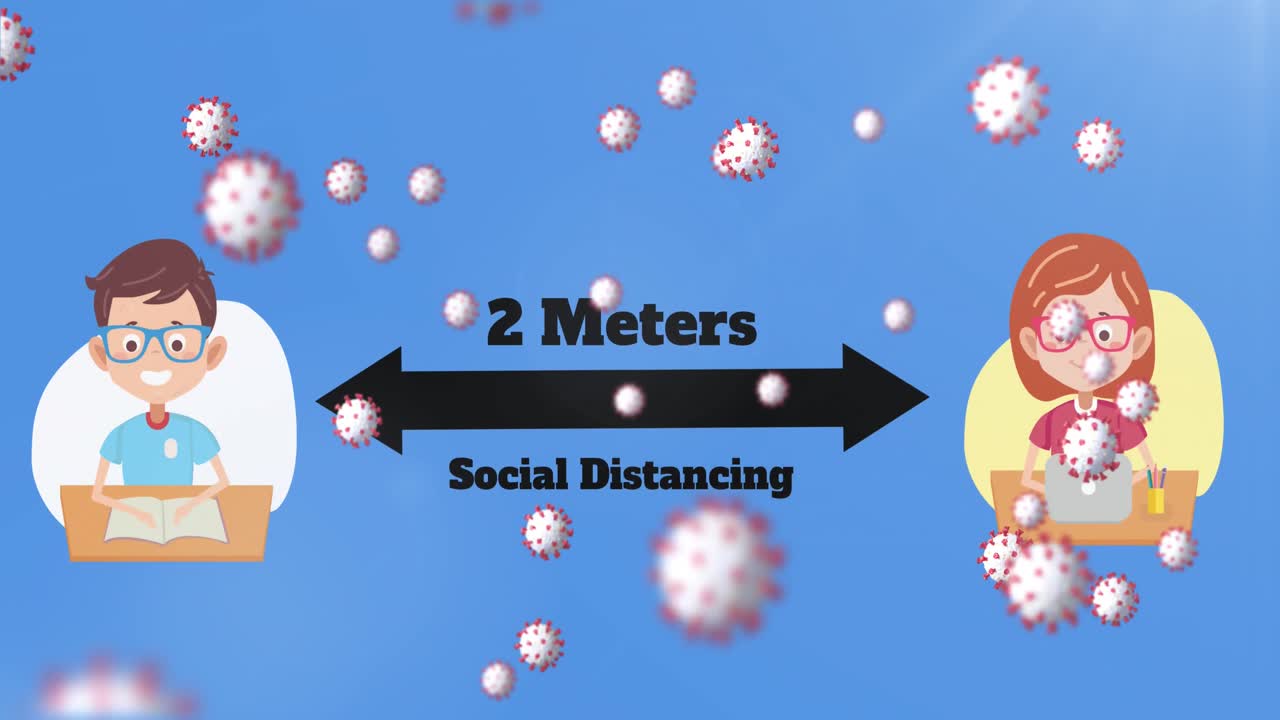 여러 코로나19 세포가 학교 소년과 소녀를 공격하고 있습니다. 아이콘은 사회적 거리를 유지하고 있습니다.
