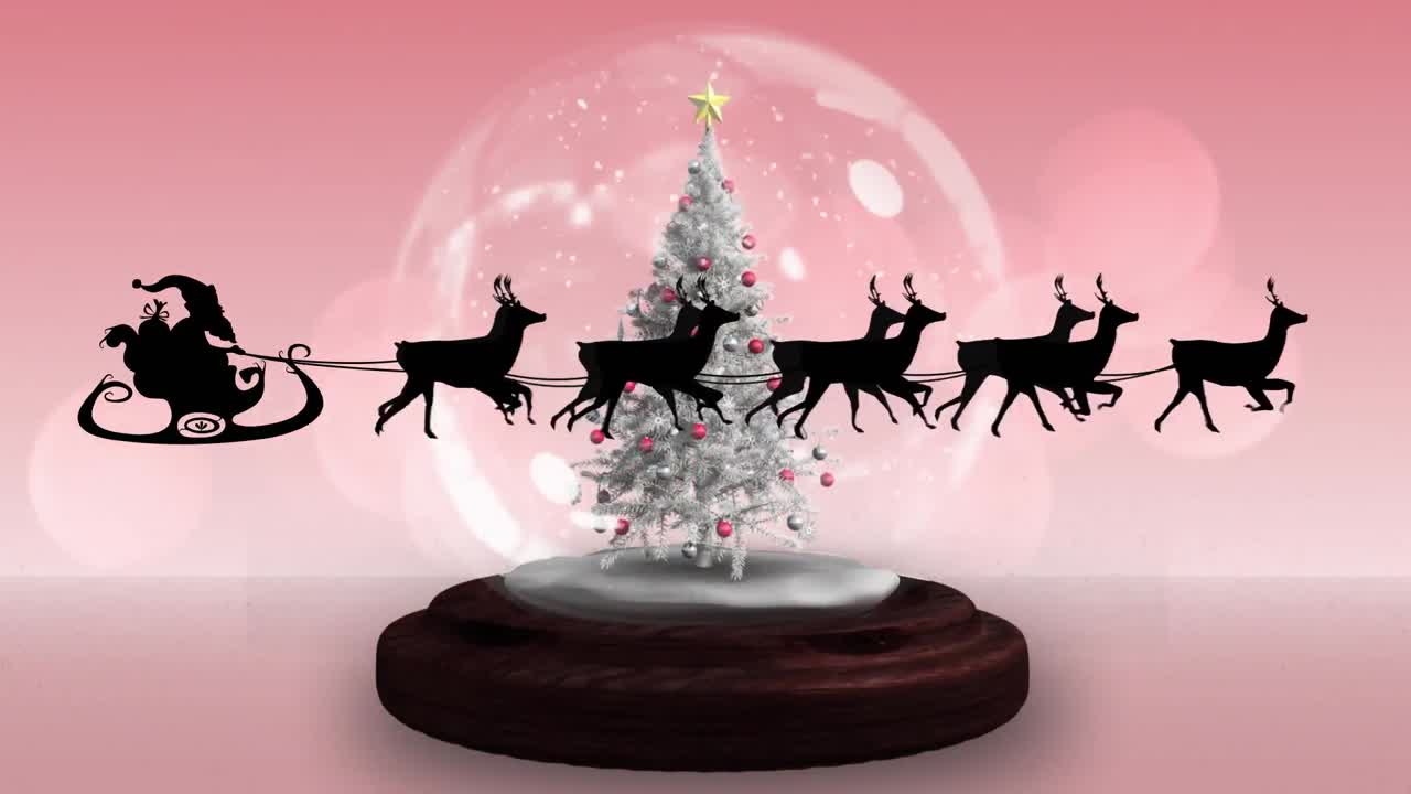 Animation of santa claus in sleigh with reindeer over snow globe on red background