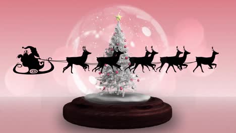Animation-of-santa-claus-in-sleigh-with-reindeer-over-snow-globe-on-red-background