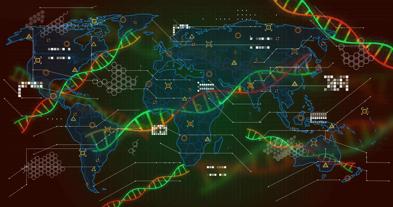 Starting with bicolored DNA helix shapes drifting in world map interface forming grids mapping data