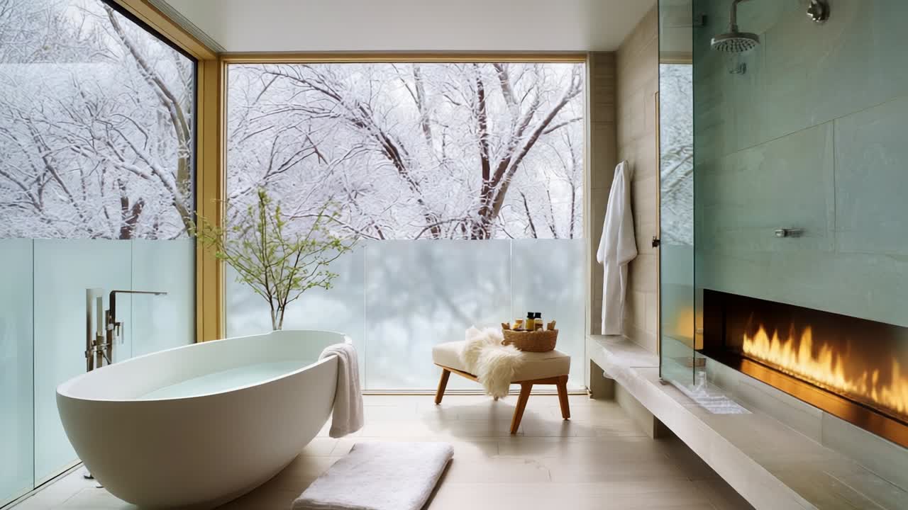 A Serene Winter Oasis: An Elegant Bathroom Surrounded by Snowy Trees, Featuring a Cozy Bathtub, Inviting Fireplace, and Tranquil Atmosphere Perfect for Relaxation and Rejuvenation at Home