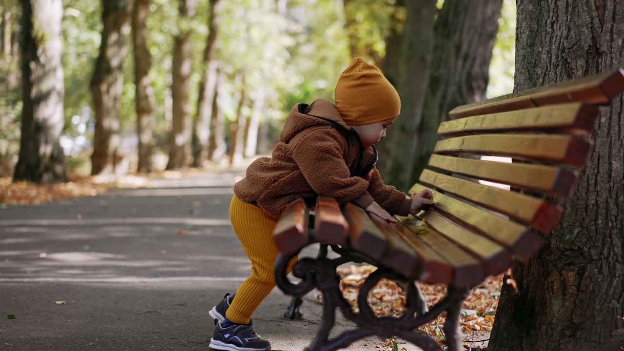 Caucasian toddler wearing warm clothes stands at the bench in the park. Kid throws the chestnut and goes to get it.