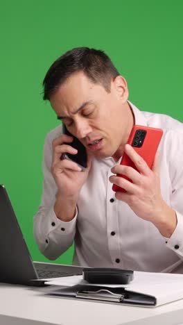 Stressed office worker having anxiety crisis on green screen