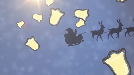 Multiple-bell-icons-falling-over-santa-claus-in-sleigh-being-pulled-by-reindeers-on-blue-background