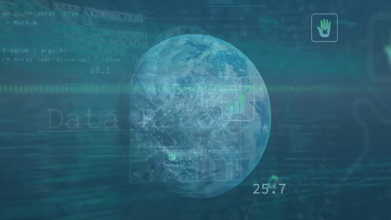 Animation of data processing with globe and icons on digital interface