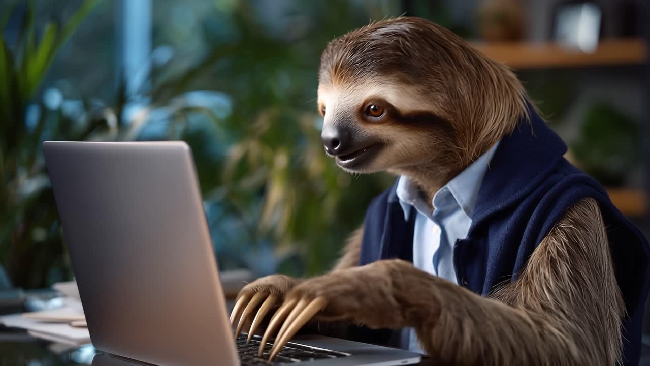 Sloth wears business attire, sits at laptop. Fingers tap keys, focused yet slow. Background plants add calm, office-style ambiance. Perfect for humor, productivity, or "slow work" concepts
