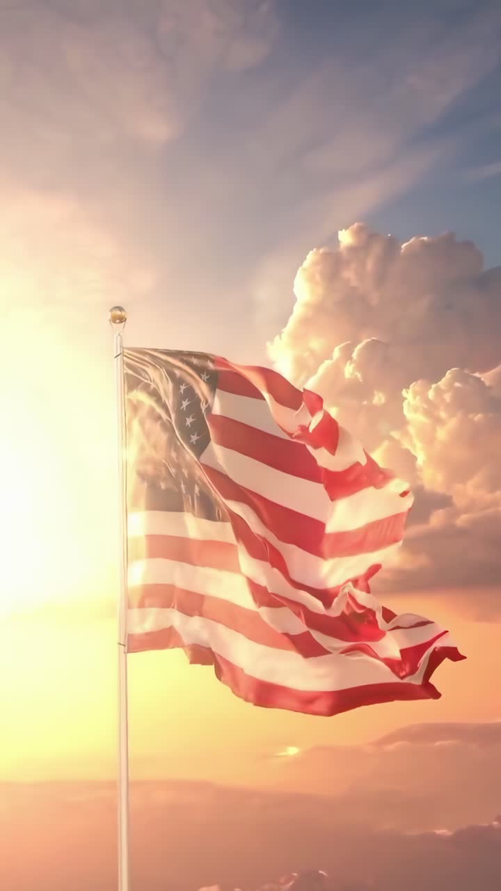 Video suggestivo con inquadratura dal basso di una bandiera americana che sventola contro un cielo al tramonto vivace.
