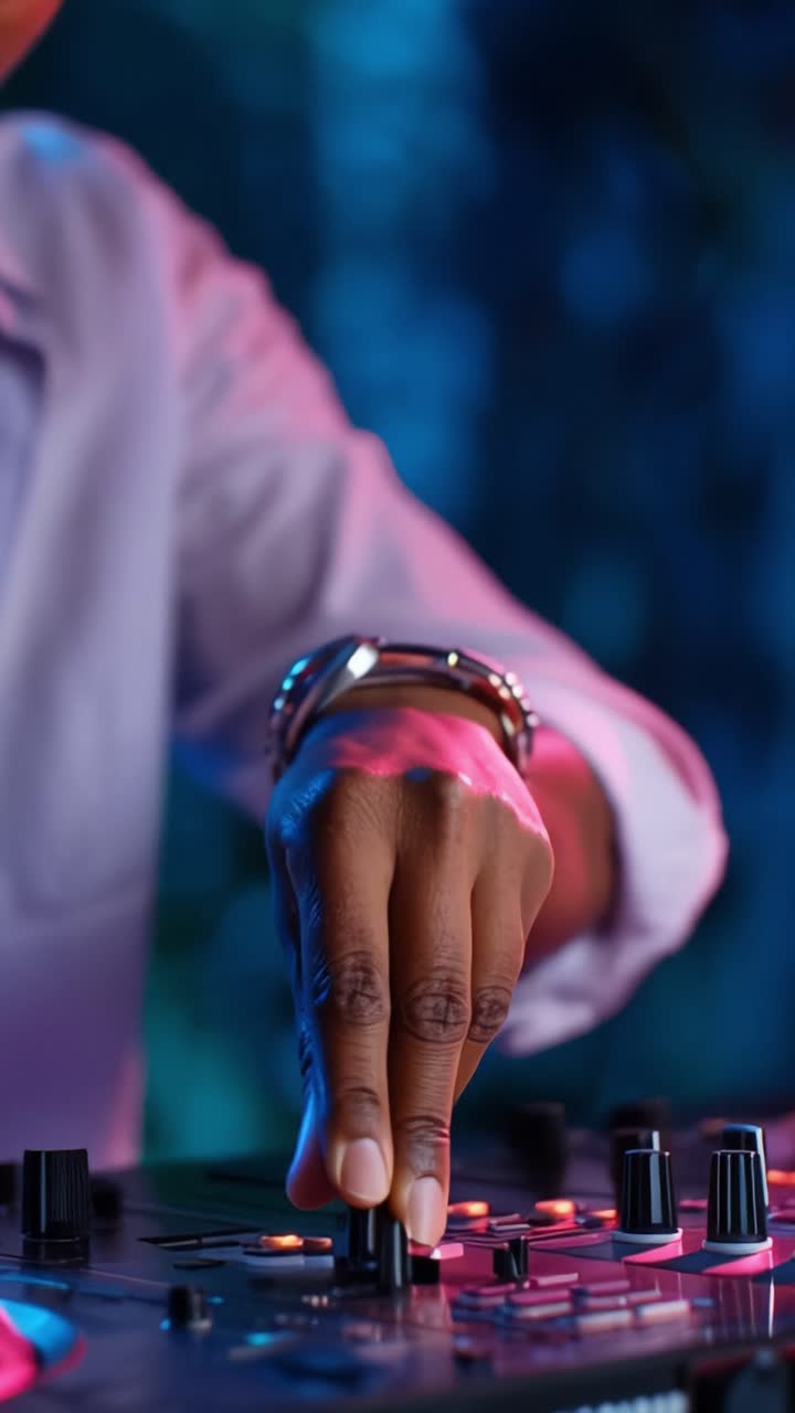 Hand adjusts knobs with focus and rhythm. Fingers glide over controls under vibrant club lights. Jewelry glints as the beat pulses strong. Vibrant hues dance around the DJ's motion