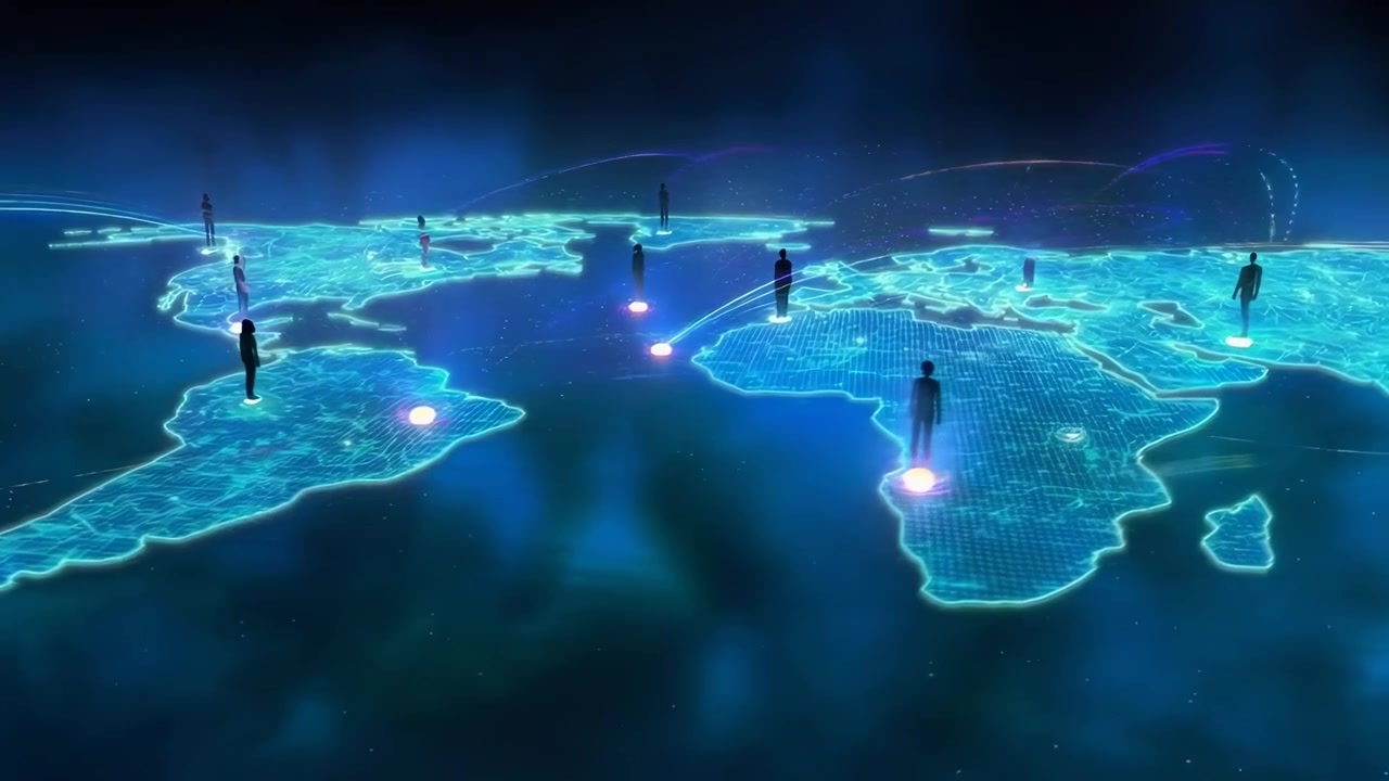 Digital World Map with Silhouettes of People and Global Network Connections