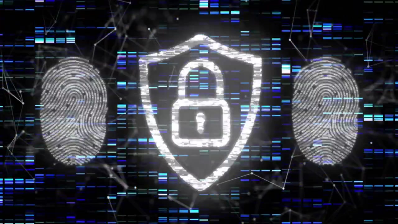Starting grid flickering, white shield forming padlock icon, pulsating fingerprints securing access