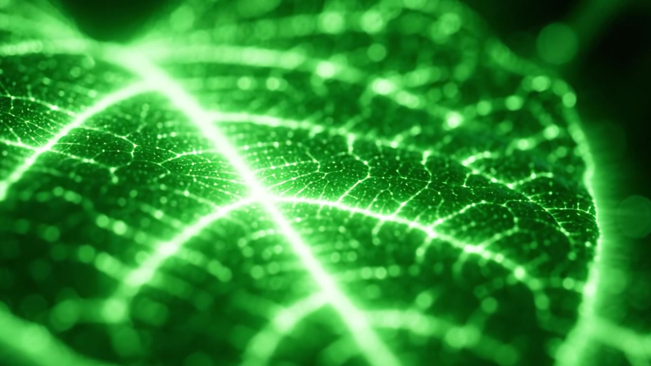 Explorando los intrincados detalles de una hoja verde: Una vista ampliada que muestra las venas y la textura iluminadas en vibrantes colores neón.