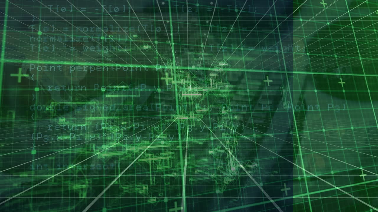 Animation of data processing over green grid