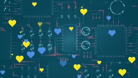 Animation-of-blue-and-yellow-hearts-over-computer-circuit-board