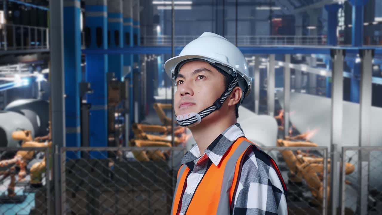 Close Up Side View Of Asian Male Engineer With Safety Helmet Standing In Factory Manufacture of Wind Turbines. Looking Around, Checking