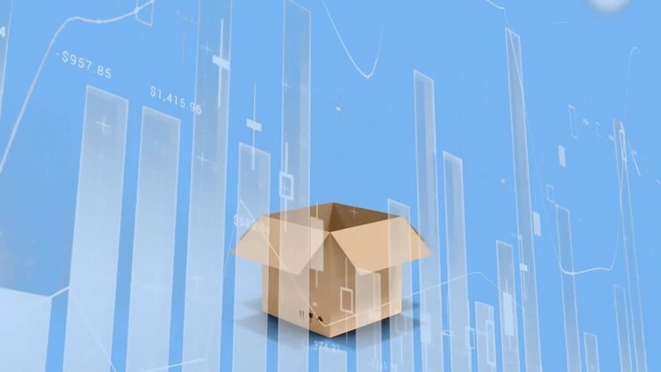 Animation of package and statistics processing over blue background
