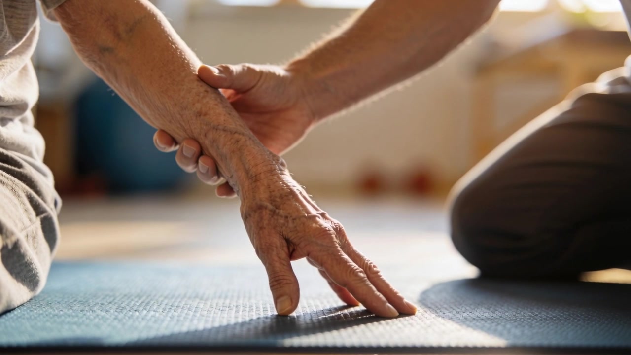 Guiding carer kneeling beside blue mat holding Senior's ringed wrist, guiding hand on mat for rehab