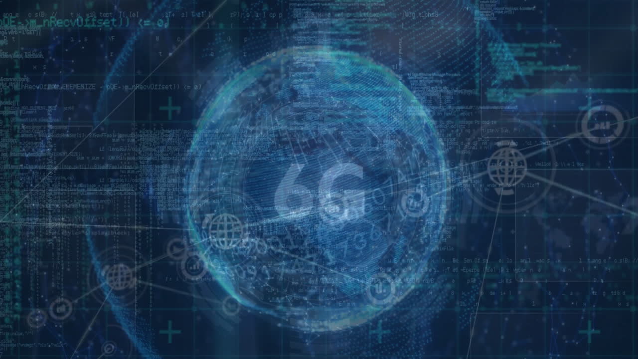 Animation of network of connections with icons over globe and data processing with 6g text