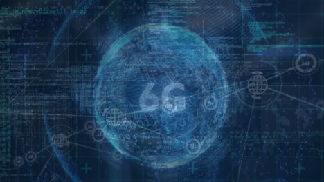 animation of network of connections with icons over globe and data processing with 6g text