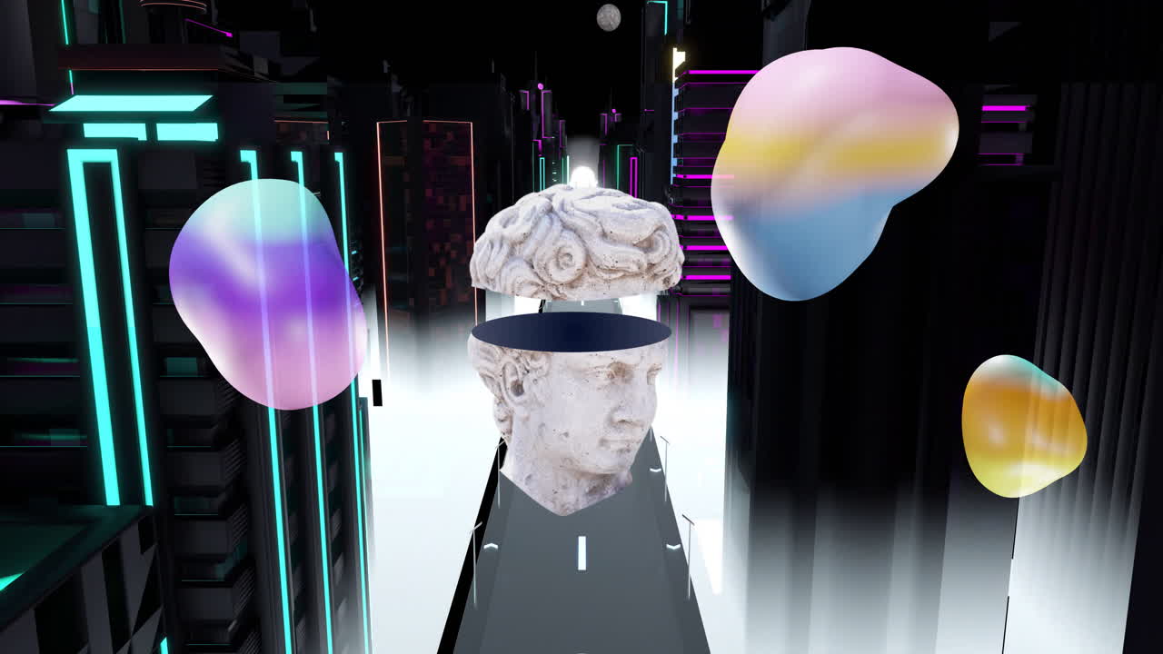 Abstract shapes and classical sculpture head animation over futuristic cityscape