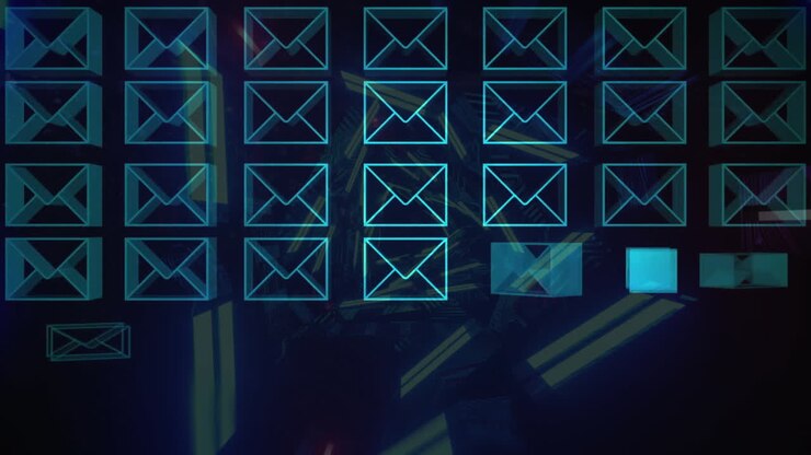 Animation of grid of envelope icons over glowing spiral on black background