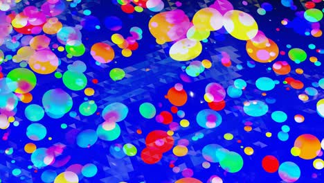fondo en bucle abstracto de superficie brillante brillante como líquido azul ondulado con círculos de color arco iris flotan como gotas de pintura en aceite. hermoso fondo creativo con gradiente de color en 4k. 3d