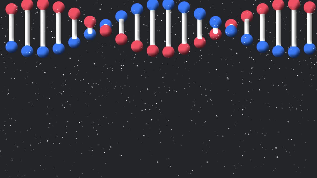회전하는 3d 모델 dna 가닥과 검은색 배경에 내리는 눈의 애니메이션