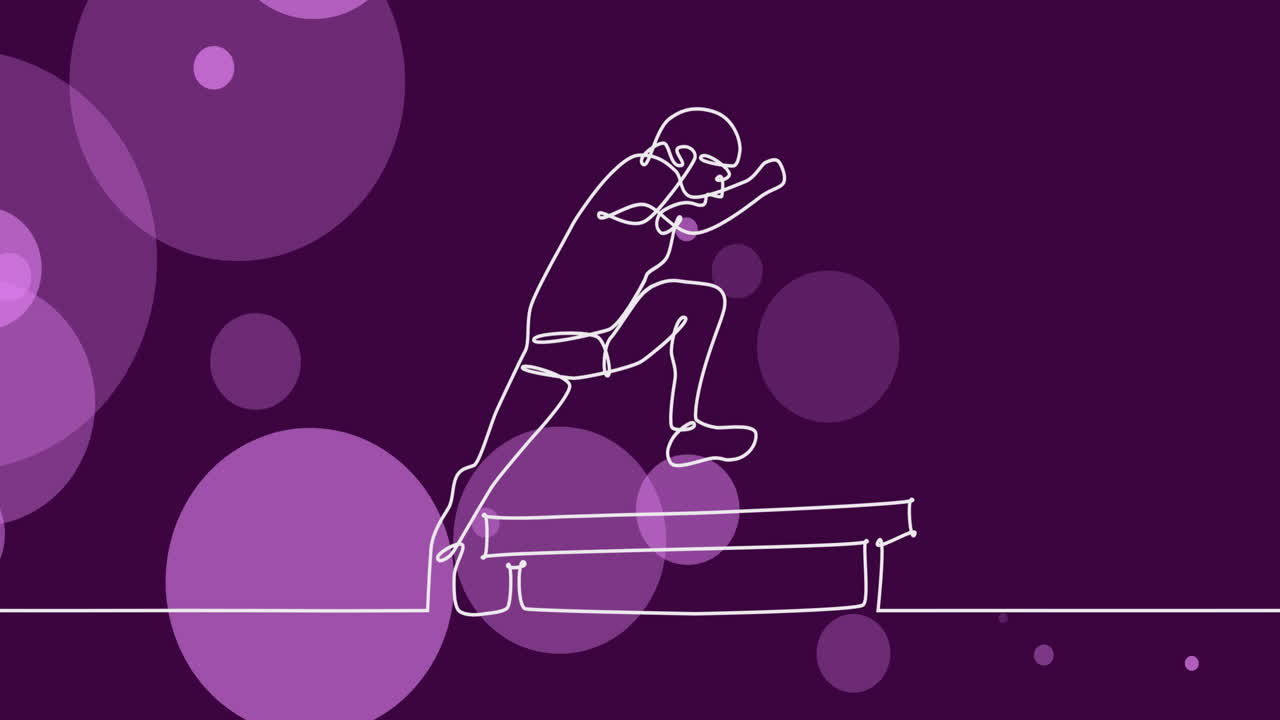 검은색 배경에 보라색 반점이 있는 점프하는 운동선수 그림의 애니메이션