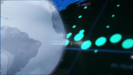 animación del procesamiento de datos sobre el mapa del mundo y el globo azul sobre fondo negro