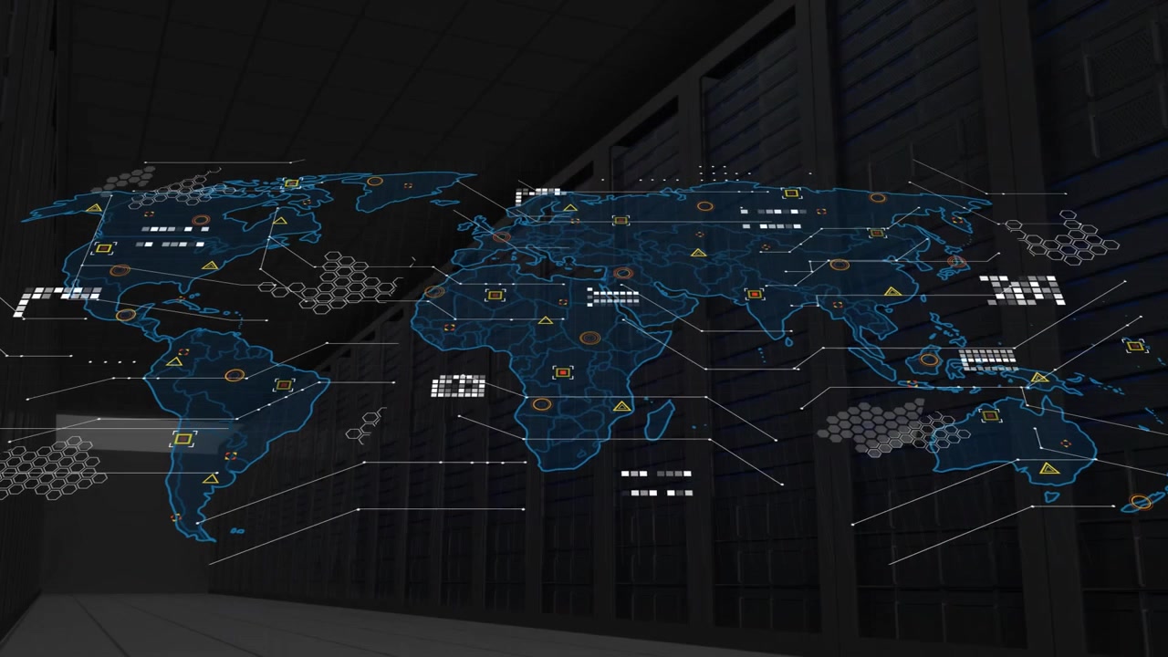 Holographic map materializing from outline with icons and lines over racks, visualizing data flow