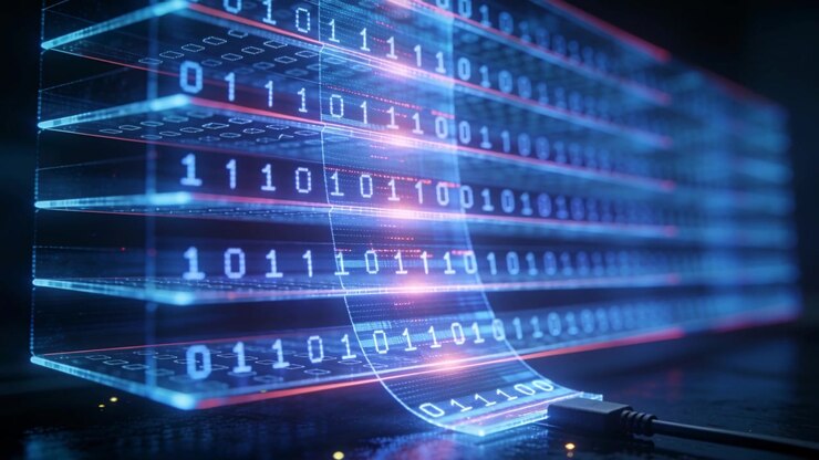 Glowing holographic data ribbon advancing after connector signal on server base, sending binary