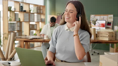 woman working in call center with headset and laptop