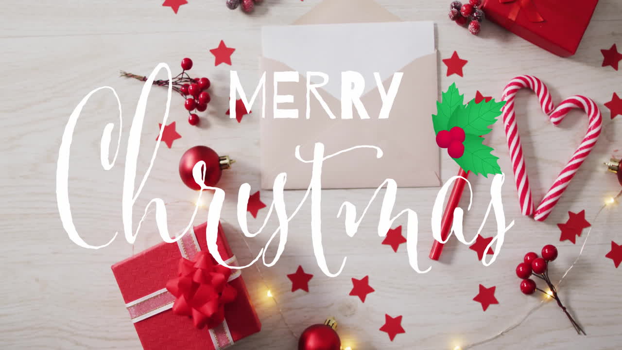 animación de texto de feliz navidad sobre decoraciones festivas con estrellas rojas y adornos