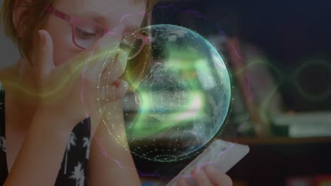 animation of globe and light trails over caucasian businesswoman using smartphone