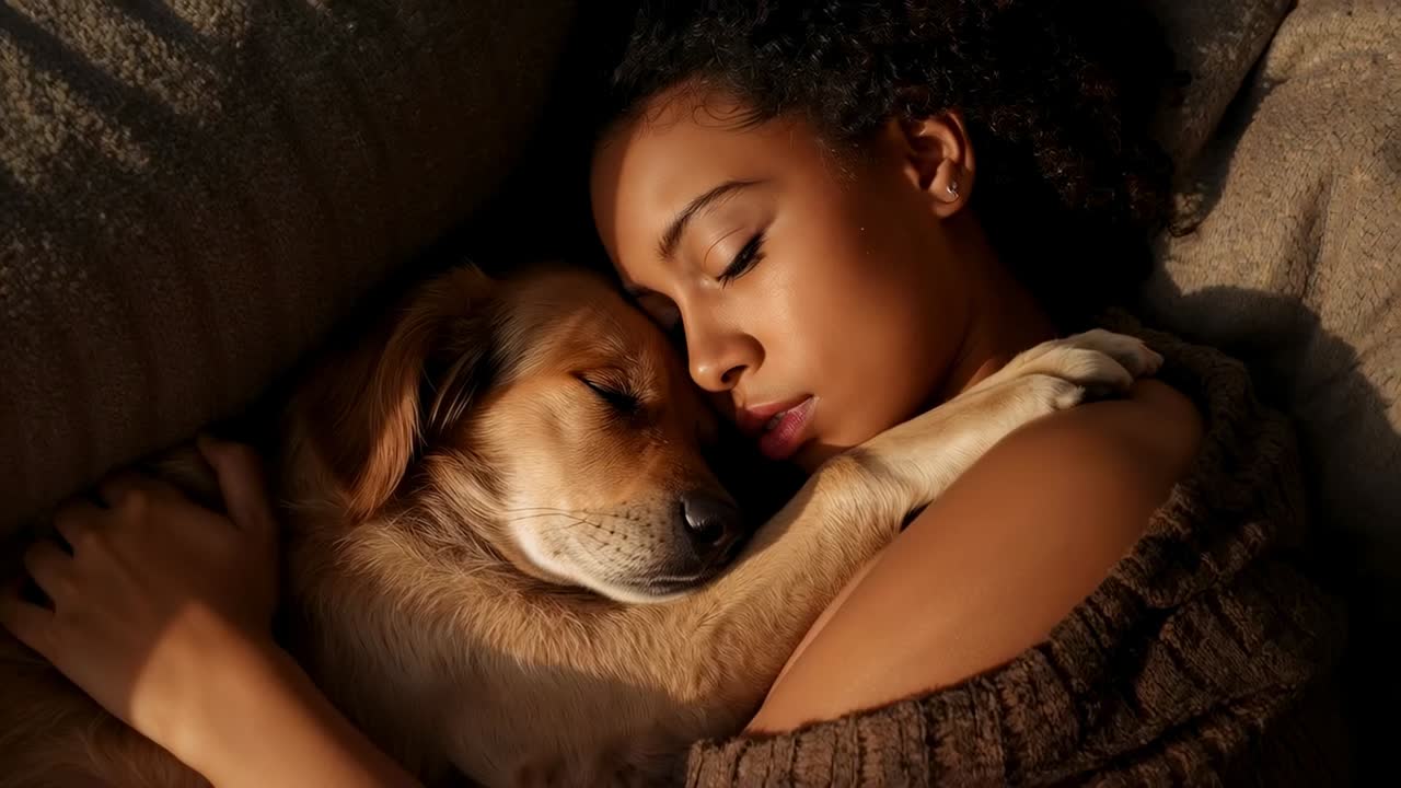Donna seduta sul divano che coccola il cane, premendo il viso vicino, sistema il braccio per creare un legame affettivo indossando un maglione