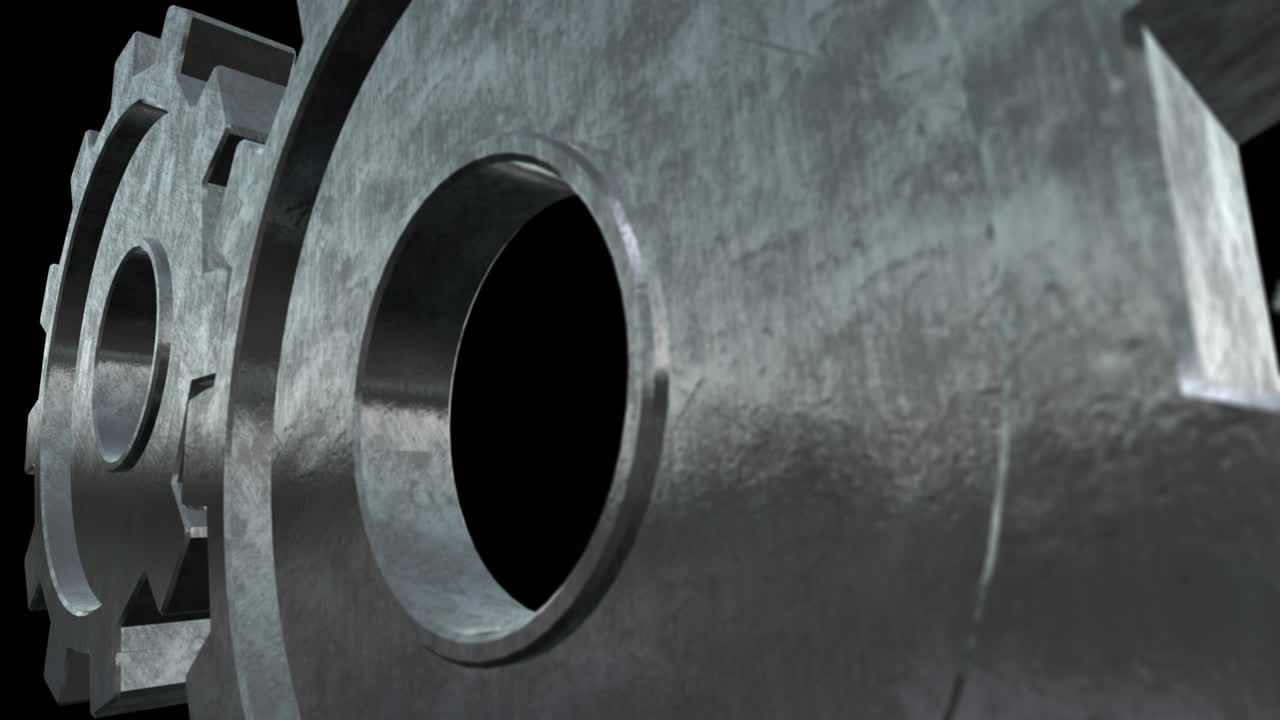 Old mechanism of the two gray gears . Black background. Close up. Alpha channel