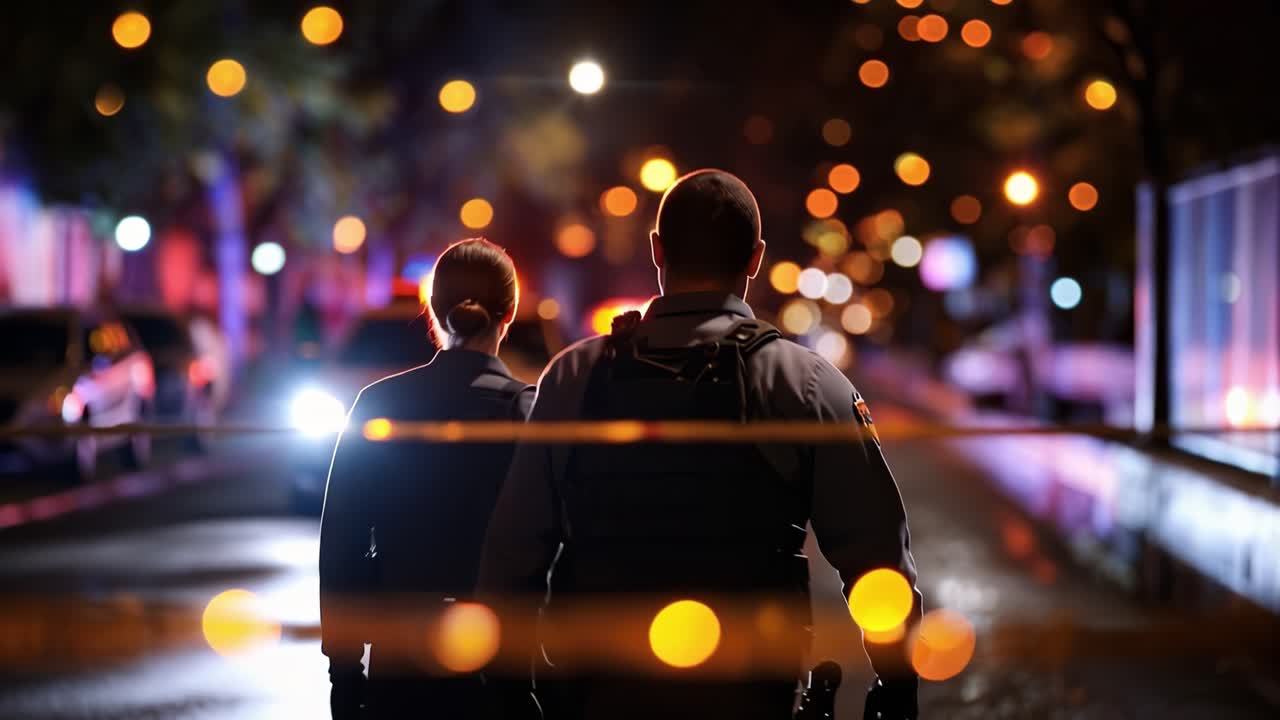 Nächtliche Stadtstraße, nasses Pflaster, verschwommene Lichter. Drei Beamte stehen eng und schweigend vor Notlichtern. Regentropfen reflektieren Straßenlaternen und bilden leuchtende Kugeln.
