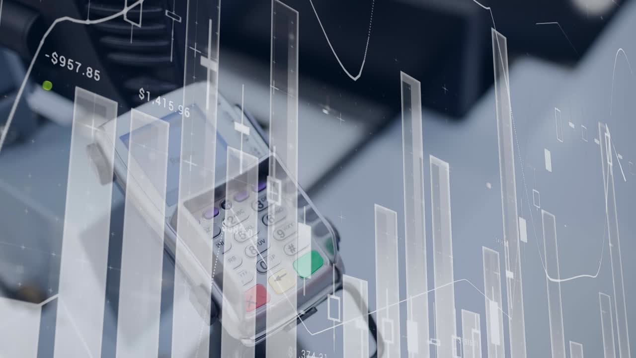 Animazione di elaborazione dati finanziari su un terminale di pagamento