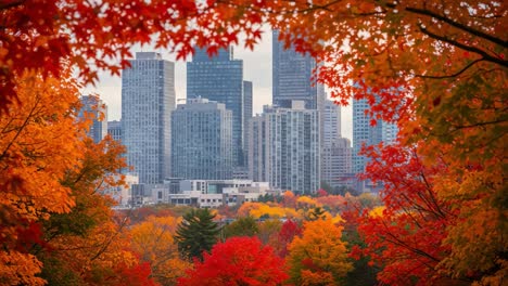 captivating urban landscape framed by vibrant autumn foliage showcasing a colorful contrast between nature and city architecture