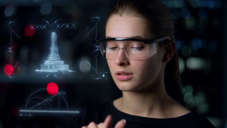 gafas de alta tecnología mujer arquitecta inspeccionando proyecto de construcción pensamiento holográfico