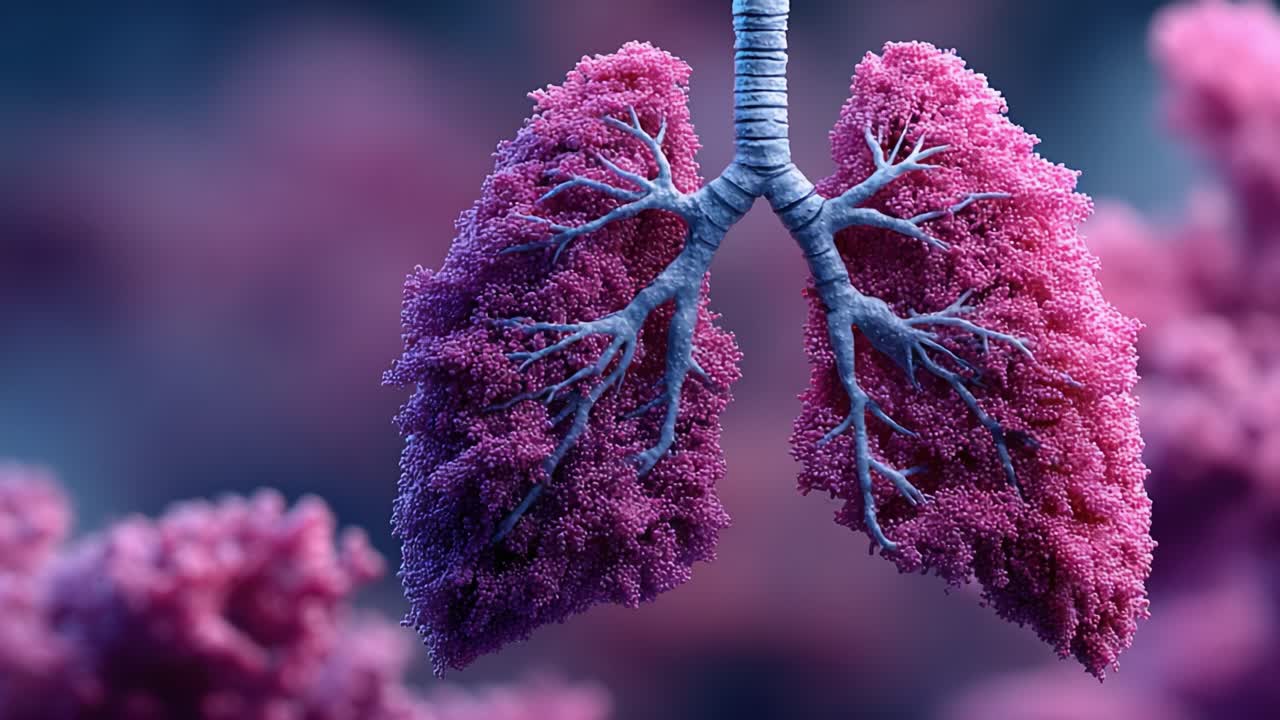 Una rappresentazione artistica e sorprendente dei polmoni, che mette in mostra un intricato design di organi respiratori sani in colori e texture vivaci