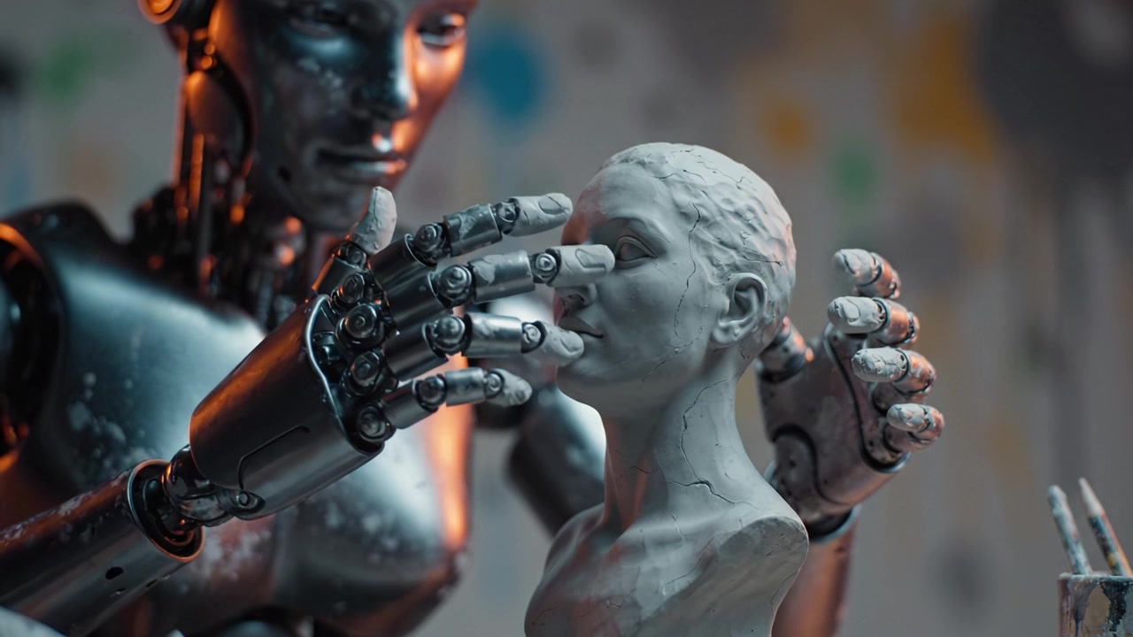 Un artista robotico scolpisce abilmente una testa dalle sembianze umane dall'argilla, dimostrando l'intersezione tra tecnologia e creatività nell'arte moderna e nell'artigianato.