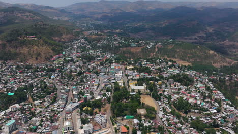 modern and traditional buildings in hilly city of gondar in ethiopia. aerial shot