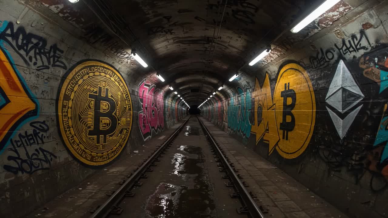 A Vibrant Underground Tunnel Filled with Cryptocurrency Graffiti, Featuring Bitcoin and Ethereum Symbols on the Walls Amidst a Gritty Urban Landscape