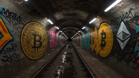 a vibrant underground tunnel filled with cryptocurrency graffiti, featuring bitcoin and ethereum symbols on the walls amidst a gritty urban landscape