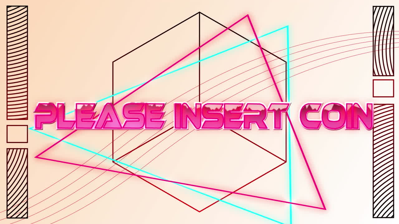 Animation of please insert coin text over neon shapes on white background