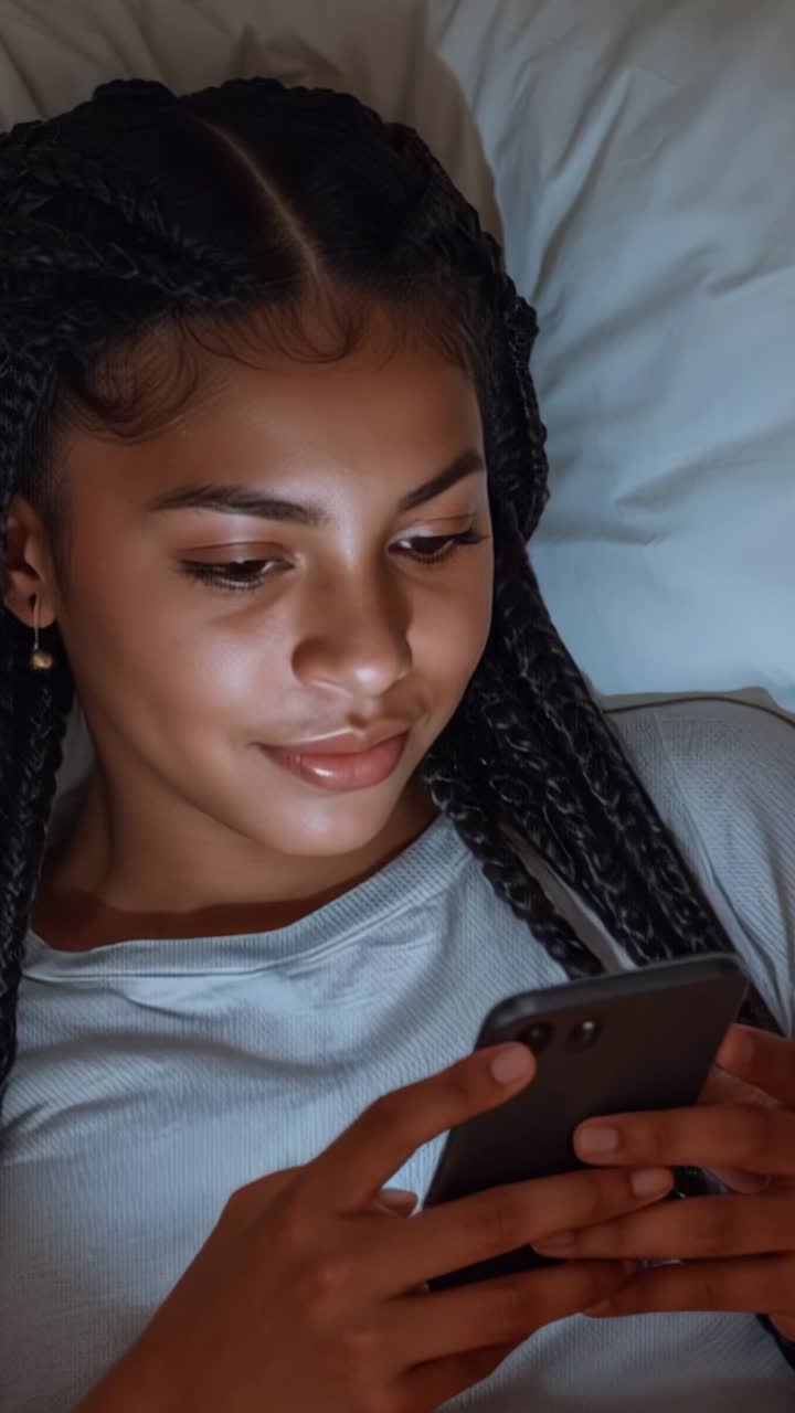 Vertical video: Reading and scrolling woman tapping smartphone on bed in bedroom with pillow