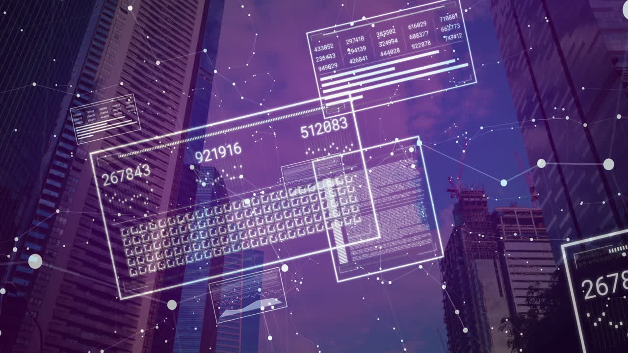 Digital data and network connections animation over skyscrapers in cityscape